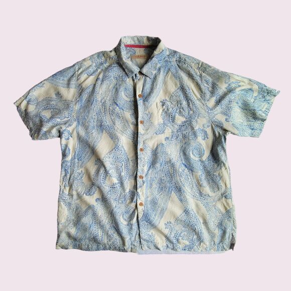 TOMMY BAHAMA Off-White Blue Button Up Size XL Paisley Print Embossed Silk - Picture 4 of 12